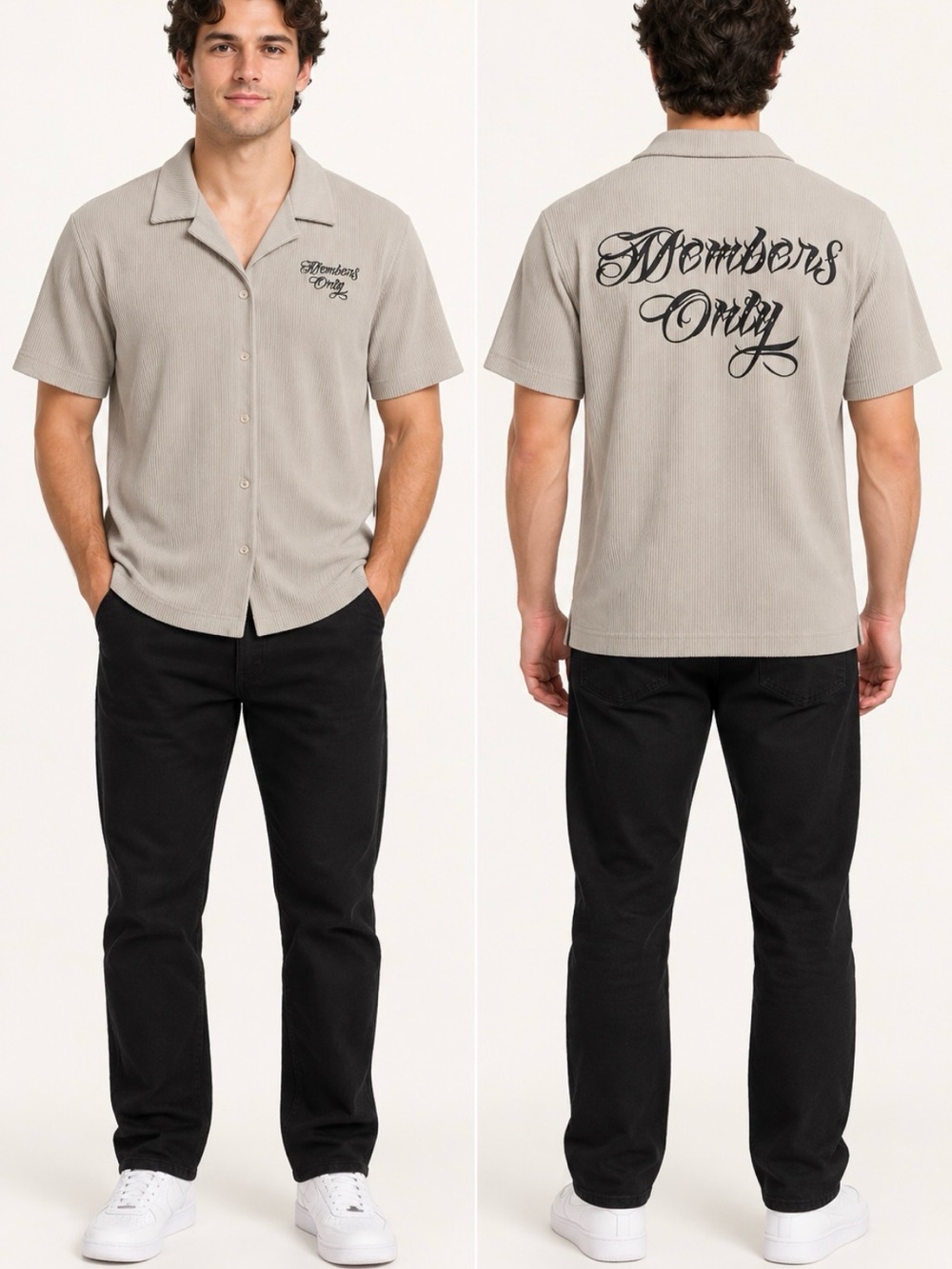 Members Only Men’s M Beige Ribbed Gothic Logo Button-Up Shirt